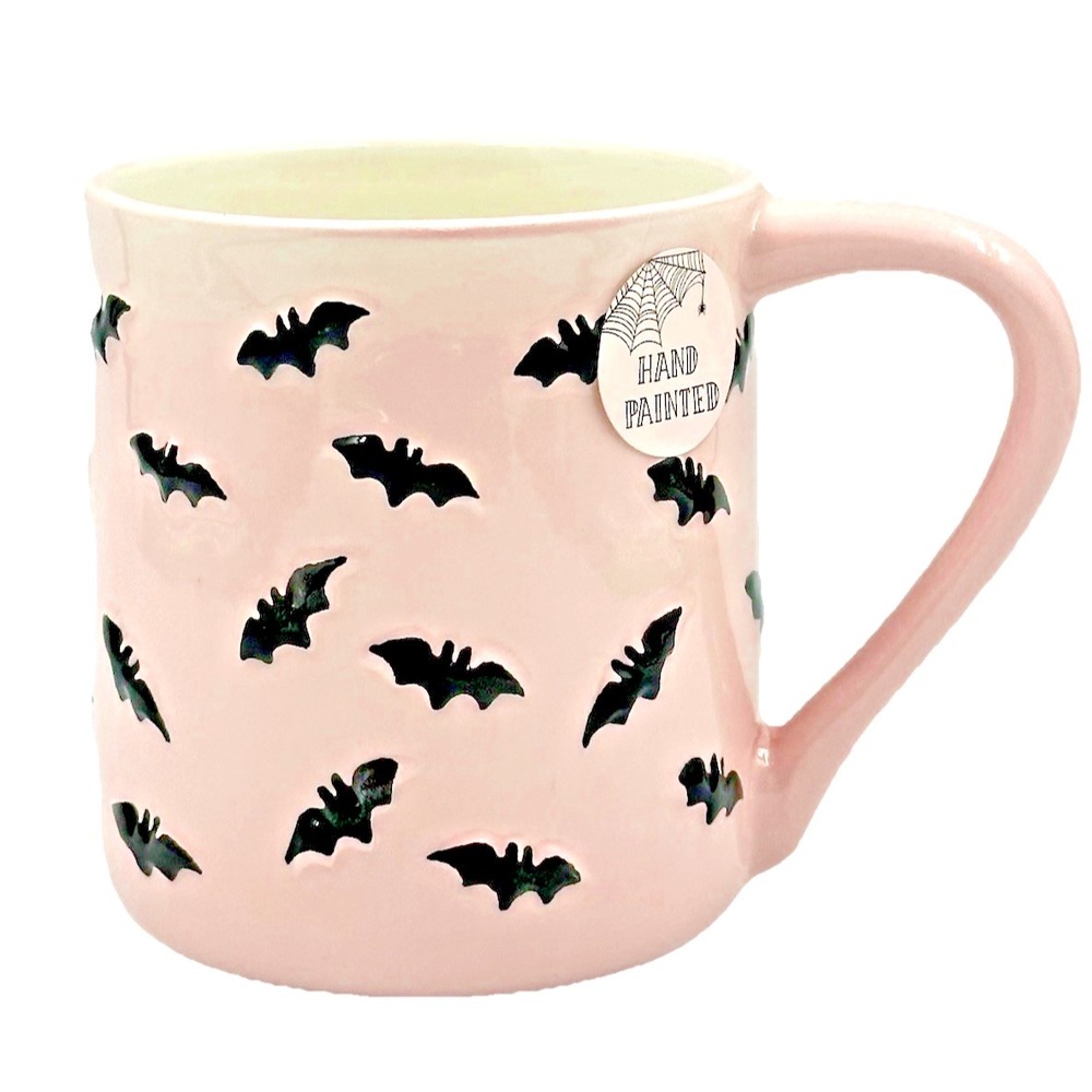 Cobwebs and Cauldrons Bats Mug Pink Black Hand Pinted Halloween Gothic